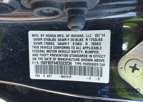 2014 Honda Civic Lx from USA, damaged, VIN 19XFB2F54EE023234